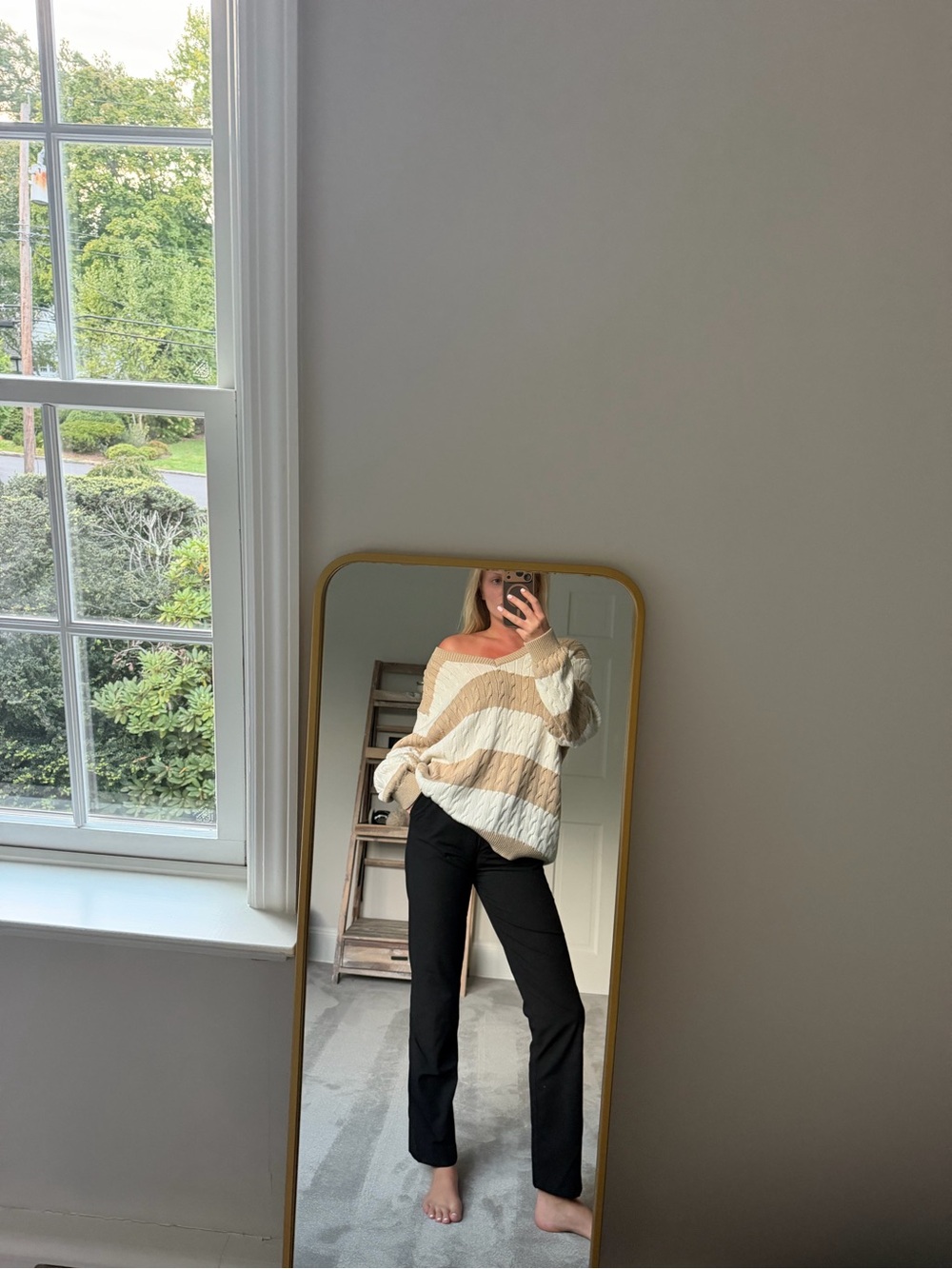 Brandy Melville Beige & Cream Off-Shoulder Striped Sweater